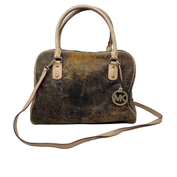 Michael Kors Brown Ultra Distressed Satchel Leather Bag Zip Top Crossbody Strap - Picture 1 of 16